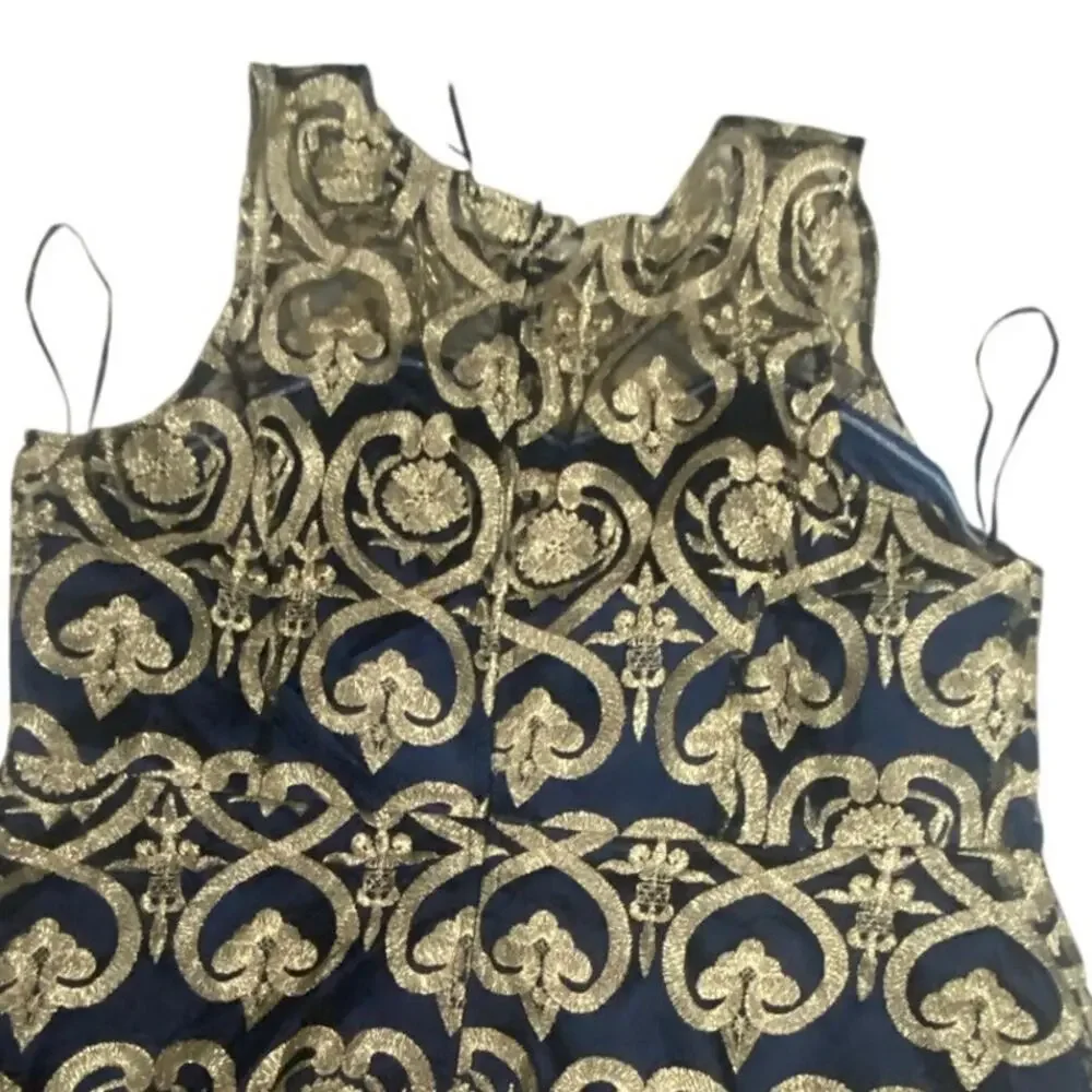 Liza Luxe Navy Blue Gold Brocade A-Line Dress Sleeveless Metallic Party